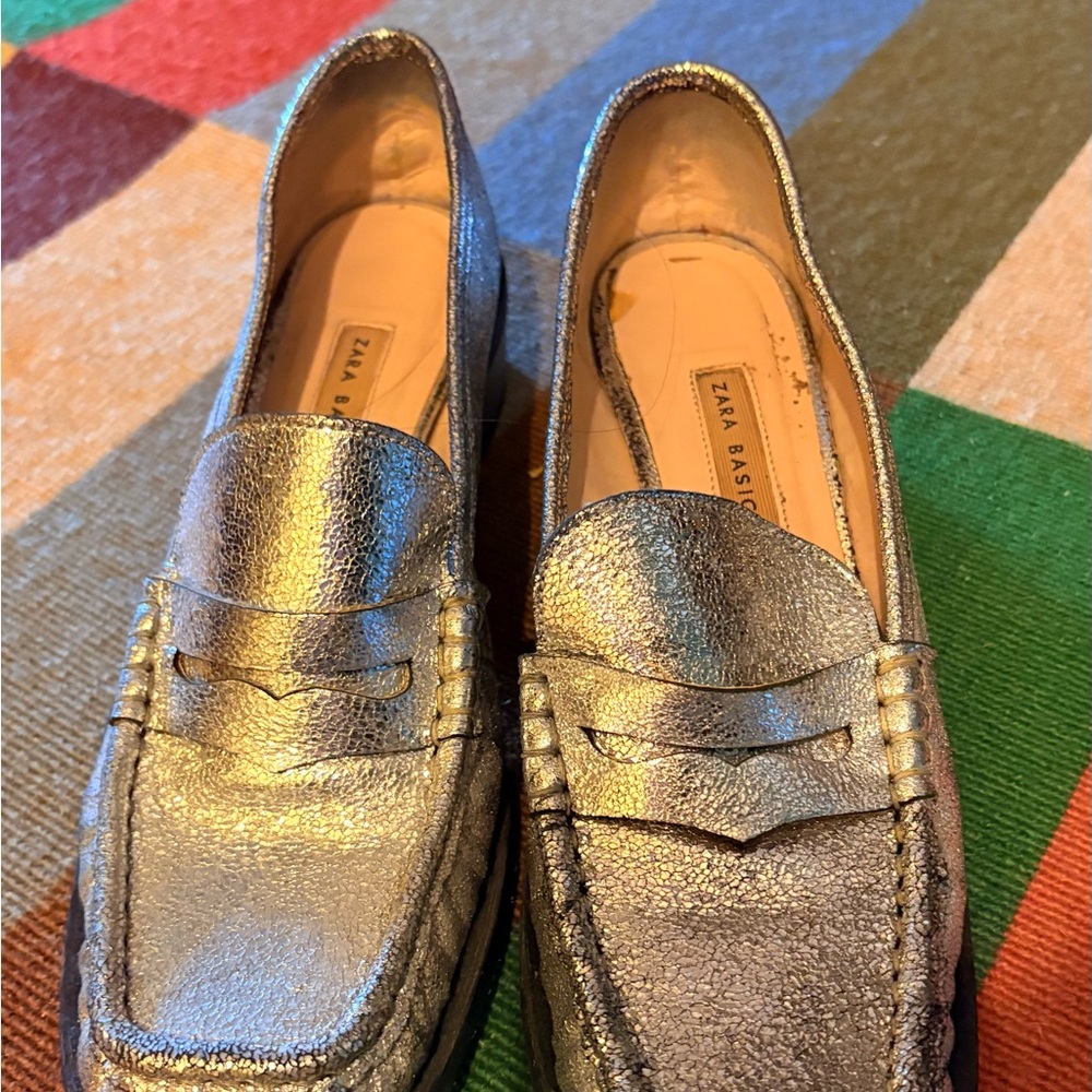 Zara Metallic Silver Penny Loafers 39 - Picture 2 of 7